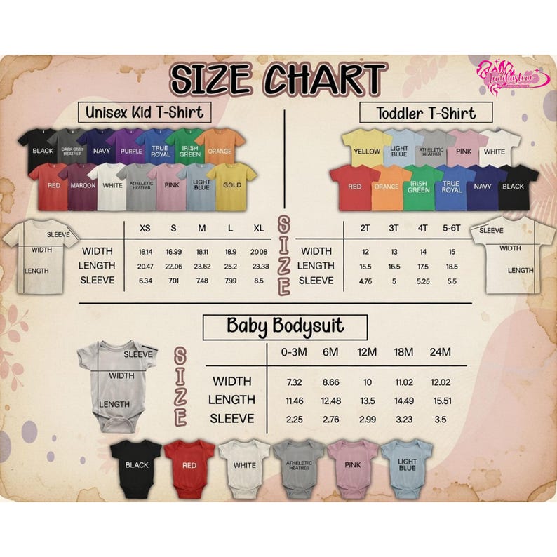 May include: Size chart for unisex kid t-shirts, toddler t-shirts, and baby bodysuits. Includes measurements for width, length, and sleeve length in inches. Available sizes range from XS to XL for kids, 2T to 5-6T for toddlers, and 0-3M to 24M for babies.