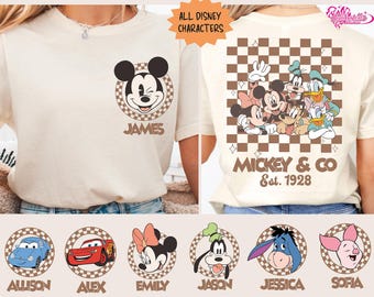 Disney All Characters Retro Checkered Custom Shirt, Vintage Disney Matching Tee, Disney Family Trip Sweatshirt, Mickey & Co. Custom Name Tee