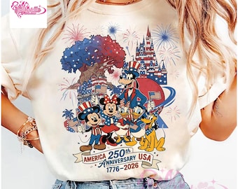 Retro Mickey and Friends America 250th Anniversary T-Shirt, Disney group 4th of July tee, WDW Magic Kingdom Family Independence Day Shirts