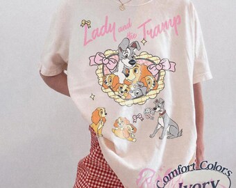 Disney Lady and the Tramp Puppy Bath Floral T-Shirt, Dog Lover Gift, Cute Vintage Dog Family Graphic Tee, Lady Tramp Puppies Bath Time Shirt