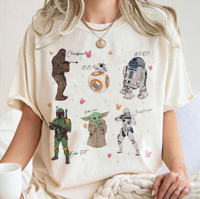 Star Wars Characters Shirt, Baby Yoda Grogu BB8 R2D2 Stormtrooper Boba Fett Tee, Cute Vintage Cartoon Shirt, Galaxy Gift For Fans Shirt image 1