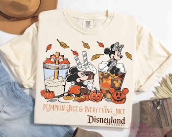 Cute Mickey Minnie Mouse Pumpkin Spice Everything Nice Autumn Leaves Shirt, Disneyland Resort Fall Vibes Tee, Disney Family Halloween Trip