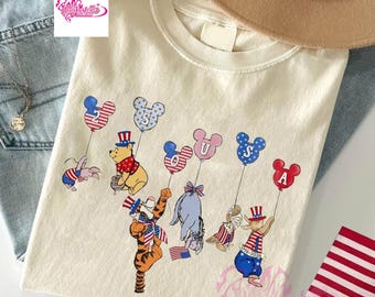 Retro Winnie The Pooh and Friends America 250th Anniversary Shirts, Pooh 4th of July Balloons Shirt, Independence Day Tee, Pooh USA Flag Tee