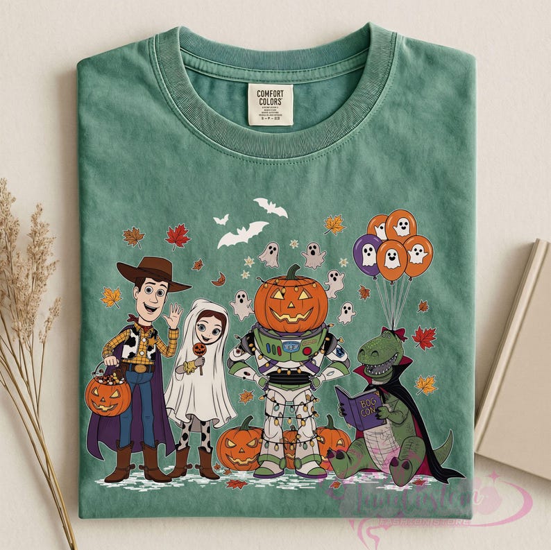 K&ouml;nnte beinhalten: Gr&uuml;nes T-Shirt mit einem Halloween-Motiv mit Cartoon-Charakteren in Kost&uuml;men. Das Design umfasst einen Cowboy, einen Geist, einen Astronauten mit K&uuml;rbiskopf und einen Dinosaurier, der ein Buch liest. K&uuml;rbisse, Geister, Flederm&auml;use und Herbstbl&auml;tter.
