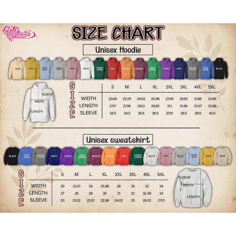 May include: A size chart for unisex hoodies and sweatshirts, with measurements in inches. The chart includes sizes S through 5XL, with width, length, and sleeve measurements. Various hoodie and sweatshirt colors are displayed.