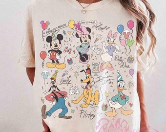 Watercolor Mickey & Friends Signature Birthday Shirt, Disney Mickey Minnie Donald Pluto Birthday Present Gift, Disneyland Family Trip Shirt