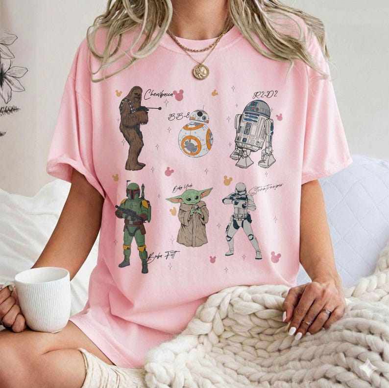 Star Wars Characters Shirt, Baby Yoda Grogu BB8 R2D2 Stormtrooper Boba Fett Tee, Cute Vintage Cartoon Shirt, Galaxy Gift For Fans Shirt image 3