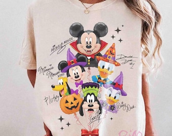 Retro Mickey And Friends Balloon Halloween Signatures Shirt, Mickey Spooky Balloon Halloween, Disneyland Trip Family Tee, Disney Family Gift