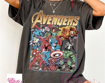 Retro Avengers Disney Marvel Shirt, Superhero Marvel Family Group Matching Tee, Spiderman Hulk Iron Man Signature Birthday Boy Birthday Girl