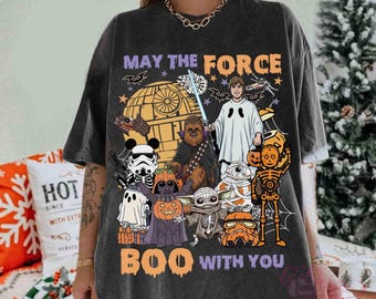 Retro May The Force Boo With You Star Wars Halloween T-shirt, Darth Vader R2D2 C3P0 Halloween Costume, Galaxy's Edge Hollywood Studios Gift