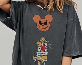 Comfort Colors Retro Pooh Balloon Halloween T-Shirt, Winnie The Pooh Halloween Shirt, Pooh Spooky Tee Shirt, Disney Halloween Party T-Shirts