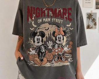 Retro 90s Mickey & Minnie Skeleton Nightmare On Main Street Comfort Colors Shirts, Disney Trip Halloween 2026 Shirts, Mickey Skeleton Shirts