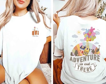 Two-sided Disney Pixar Up House Balloons Adventure Is Out There Shirt, Disney Couple Shirt, Disney Up Characters Carl Ellie Russell Dug Dog