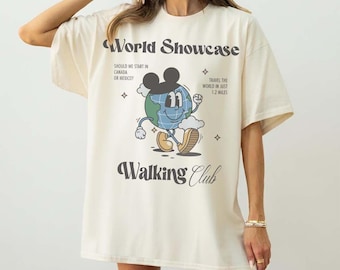 Retro World Showcase Walking Club Shirt, Epcot Disney World Vacation Tee, Vintage Mickey Ears Earth T-Shirt, Travel The World 1.2 Miles Tee