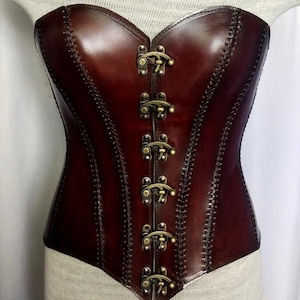 Bruin lederen bovenborst korset top, korset met bandjes, leren bustier top, Viking lederen korset, handgemaakt korset, cosplay korset