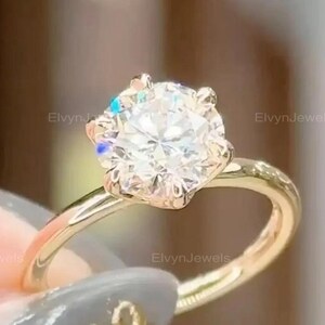 Round Engagement Ring in 14k Solid Gold, 2 CT Moissanite Engagement Rings 6 Prong Solitaire Moissanite Ring , Gold Promise Ring