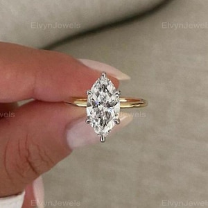 2 Ct Solitaire Marquise Cut Moissanite Diamond Ring, Hidden Halo Engagement Ring, Prong Setting 14K Yellow Gold Moissanite Simple Ring