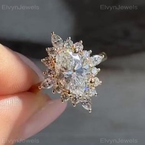 2 ct Oval Moissanite Ring-Oval Moissanite Engagement Ring with Marquise Side Stones–Oval Stone Ring for Her-Ethical Proposal Ring