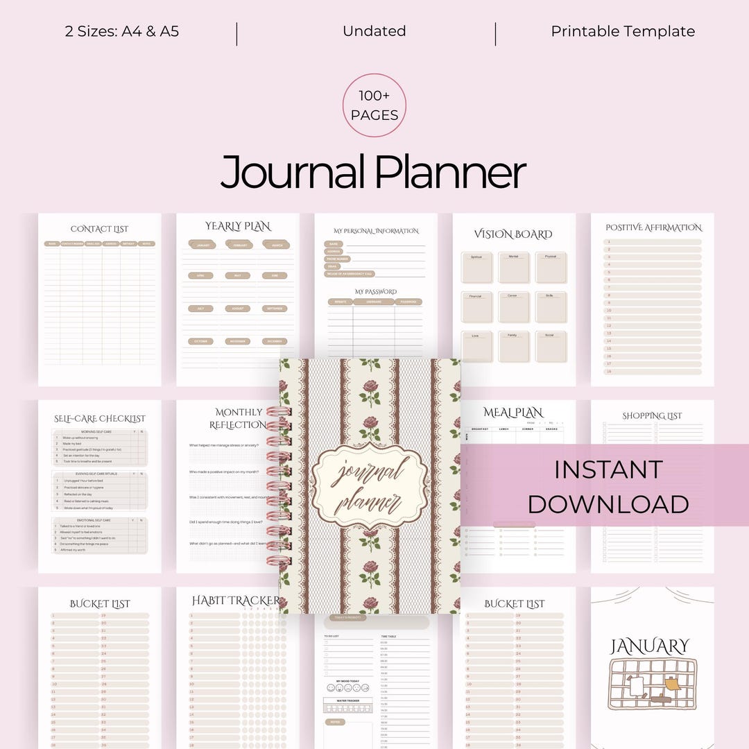 Journal Planner Bundle Printable Beige, Premade Bullet Journal, Yearly ...