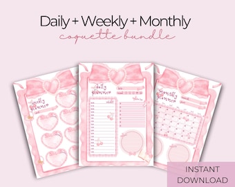 Coquette Planner Template | Coquette Planner Printable Daily Weekly Monthly PDF To Do List Planner Inserts Productivity Planner A4 A5 | J021