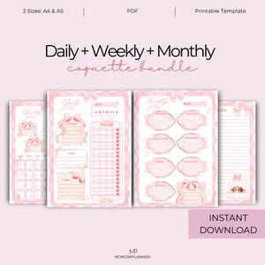Coquette Planner Bundle | Daily Weekly Monthly Schedule To Do List Planner Insert Productivity Cute Aesthetic Planner Stationery A4 A5| J031