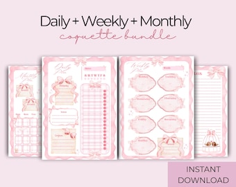 Coquette Planner Bundle | Daily Weekly Monthly Schedule To Do List Planner Insert Productivity Cute Aesthetic Planner Stationery A4 A5| J031