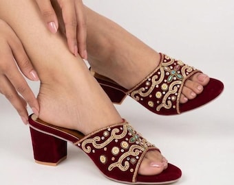 Lace Wedding Shoes for Bride, Maroon Velvet | Bridal Embroidered Block Heel Sandals Wedding Heels,