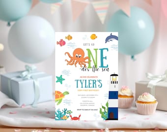 Invito di compleanno ONEder the Sea, invito per il 1° compleanno, modello Canva modificabile, modello stampabile e modificabile