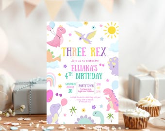 Invito di compleanno THREErex, terzo compleanno di dinosauri, invito per festa Three-Rex, tema dinosauro modificabile, modello Canva modificabile