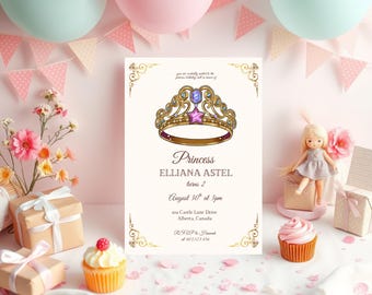 Invito di compleanno a tema principessa, invito di compleanno con corona elegante, invito di compleanno da favola, modello Canva completamente modificabile