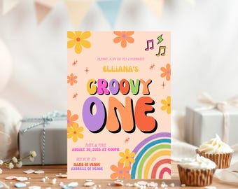 Invito di compleanno Groovy ONE, modello Canva modificabile, invito per il 1° compleanno, modello stampabile e modificabile