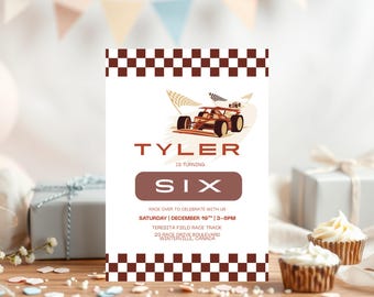 Invito di compleanno a tema corse, invito "Avvia i motori", modello Canva completamente modificabile, modello Canva stampabile