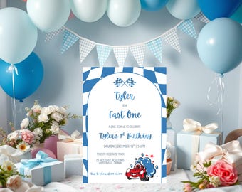 Invito di compleanno Fast ONE, primo compleanno di un'auto da corsa, invito "Accendi i motori", modello Canva completamente modificabile
