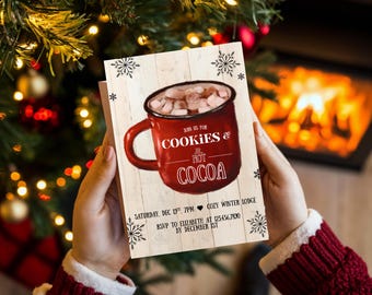 Biscotti e cioccolata calda, invito di Natale, invito per le feste, modello Canva modificabile