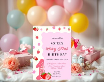Invito per il primo compleanno di Berry, invito per il compleanno di Berry, modello Canva modificabile, modello stampabile e modificabile