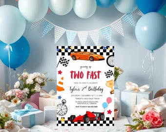 TWO Fast Birthday Invitation, Race Car 2° compleanno, modello Canva completamente modificabile