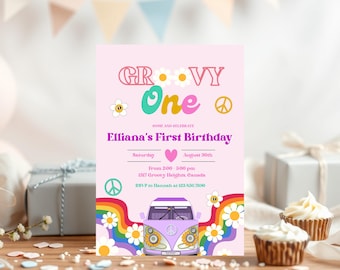 Invito di compleanno Groovy ONE, invito per il 1° compleanno, modello Canva modificabile, modello stampabile e modificabile