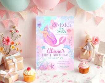 Invito di compleanno ONEder the Sea, Primo compleanno sotto il mare, Modello Canva modificabile, Invito per il primo compleanno