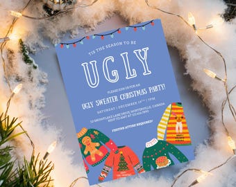 Invito a forma di maglione brutto, inviti per le feste, modello Canva modificabile, invito per la festa di Natale, modelli stampabili