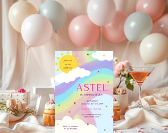 Invito di compleanno arcobaleno, invito di compleanno colorato, modello Canva modificabile, modello stampabile e modificabile