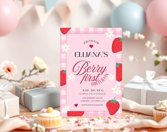 Invito per il primo compleanno di Berry, modello Canva modificabile, modello stampabile e modificabile