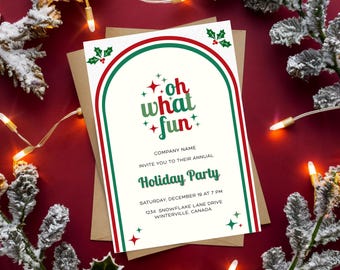 Invito Oh What Fun, invito per le feste, modello Canva modificabile, invito per la festa di Natale, modelli stampabili