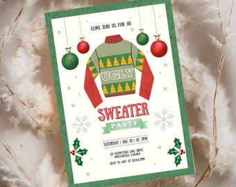 Invito a forma di maglione brutto, inviti per le feste, modello Canva modificabile, invito per la festa di Natale, modelli stampabili