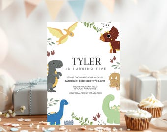 Invito di compleanno a tema dinosauro, stampabile per bambini, modello Canva completamente modificabile, modello stampabile