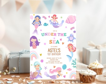 Invito di compleanno sotto il mare, invito per il primo compleanno, modello Canva modificabile, modello stampabile e modificabile