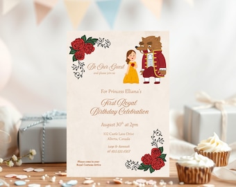 Invito a La Bella e la Bestia, invito di compleanno della principessa, modello Canva completamente modificabile, modello Canva stampabile e modificabile