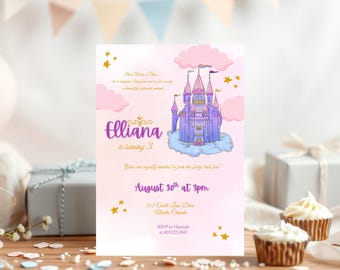 Castello a tema principessa, invito di compleanno da favola, modello Canva completamente modificabile, modello Canva stampabile e modificabile