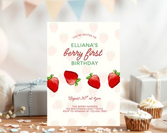 Invito per il primo compleanno di Berry, modello Canva modificabile, modello stampabile e modificabile