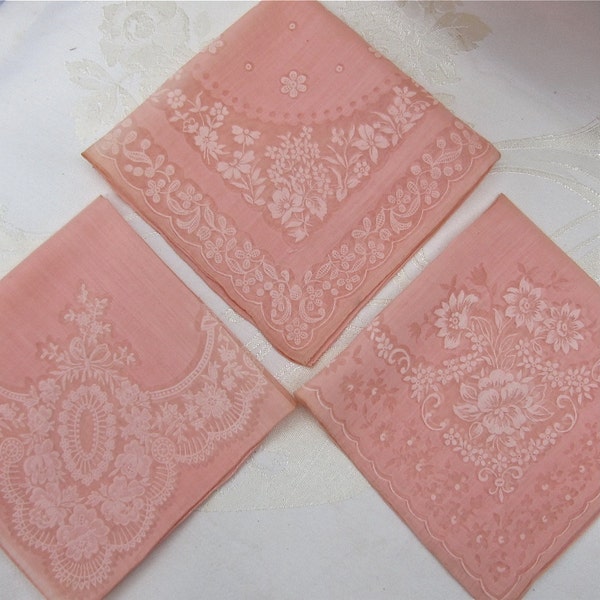 Vintage Sheer Pink Cotton Handkerchiefs Handstitched