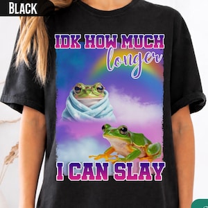 May include: Black t-shirt with a colorful graphic featuring two frogs. One frog is wrapped in a blue towel, and the other is sitting. The text on the shirt reads "IDK HOW MUCH longer I CAN SLAY."